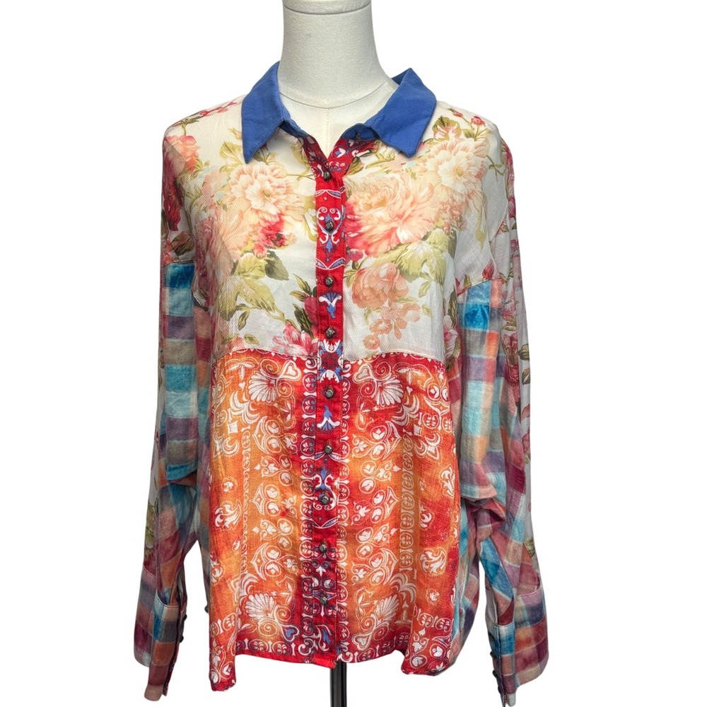 Aratta Silent Journey Top Multicolor Floral Plaid Boho Artsy Festival Hippie XL